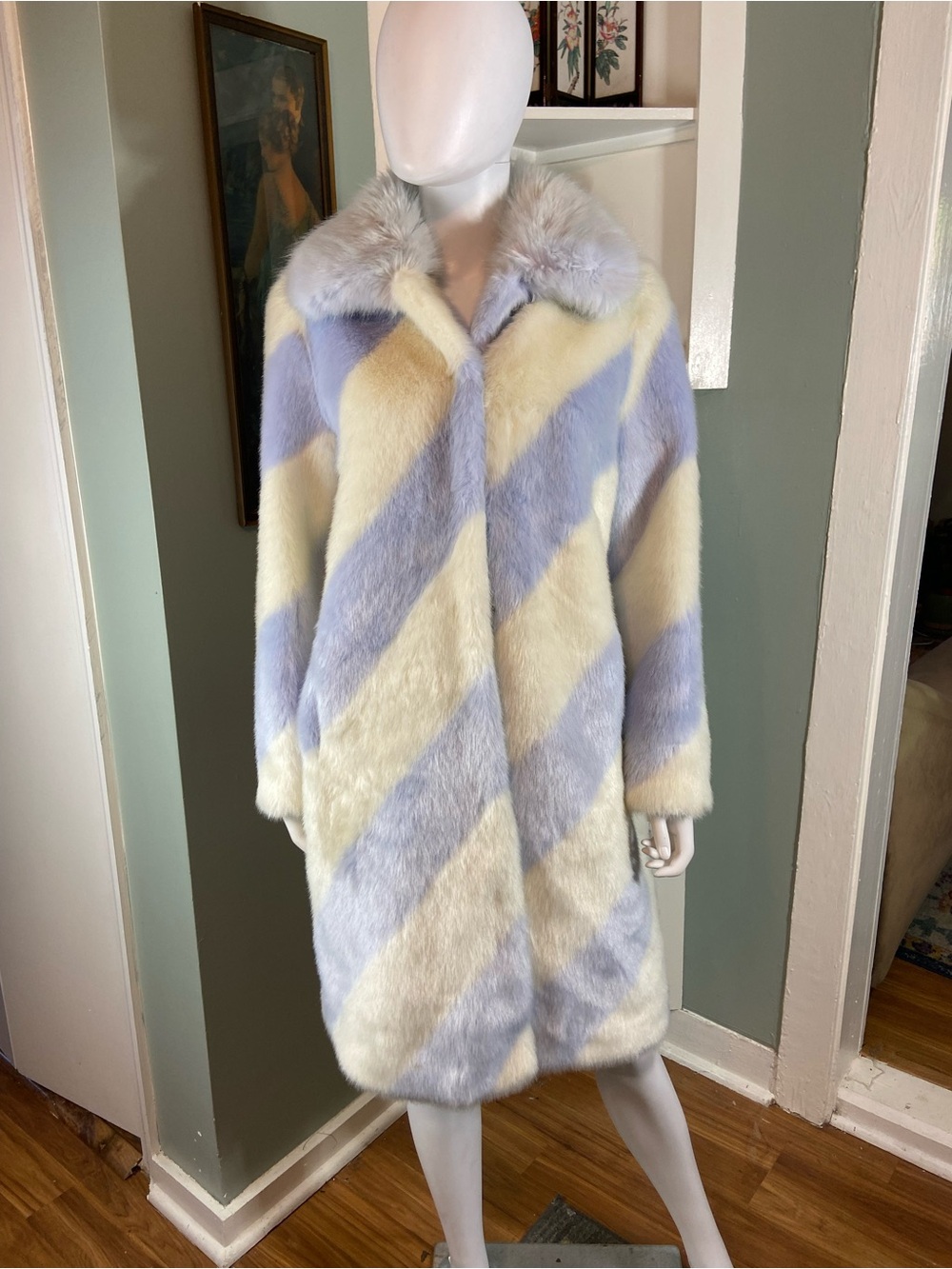 Maeve Anthropologie Lavender Cream Diagonal Striped Faux Fur Midi Coat Small S